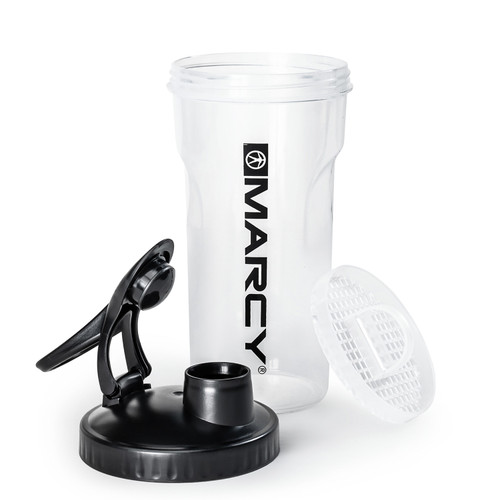 Marcy Non-Spill Shaker Bottle - Clear with Black Lid- MSB-CBL - Lid and Strainer off of Bottle