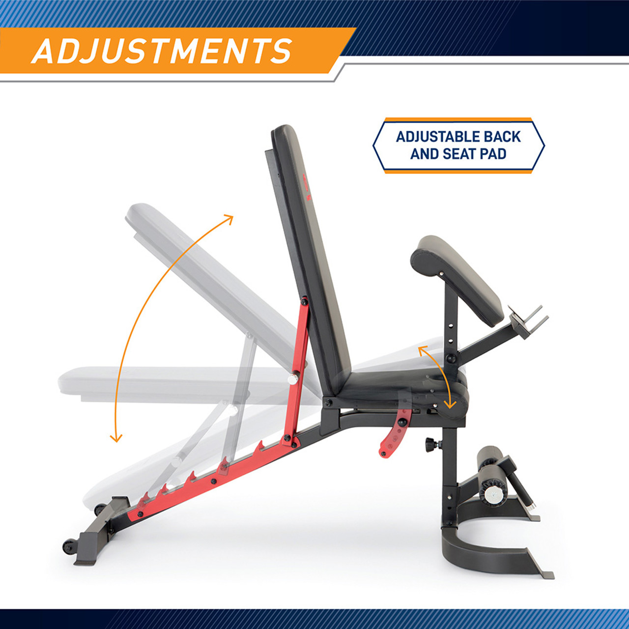 The included bench adjusts at the back pad and seat pad to diversify your workout. In addition, the preacher curl pad and curl bar rest are removable
