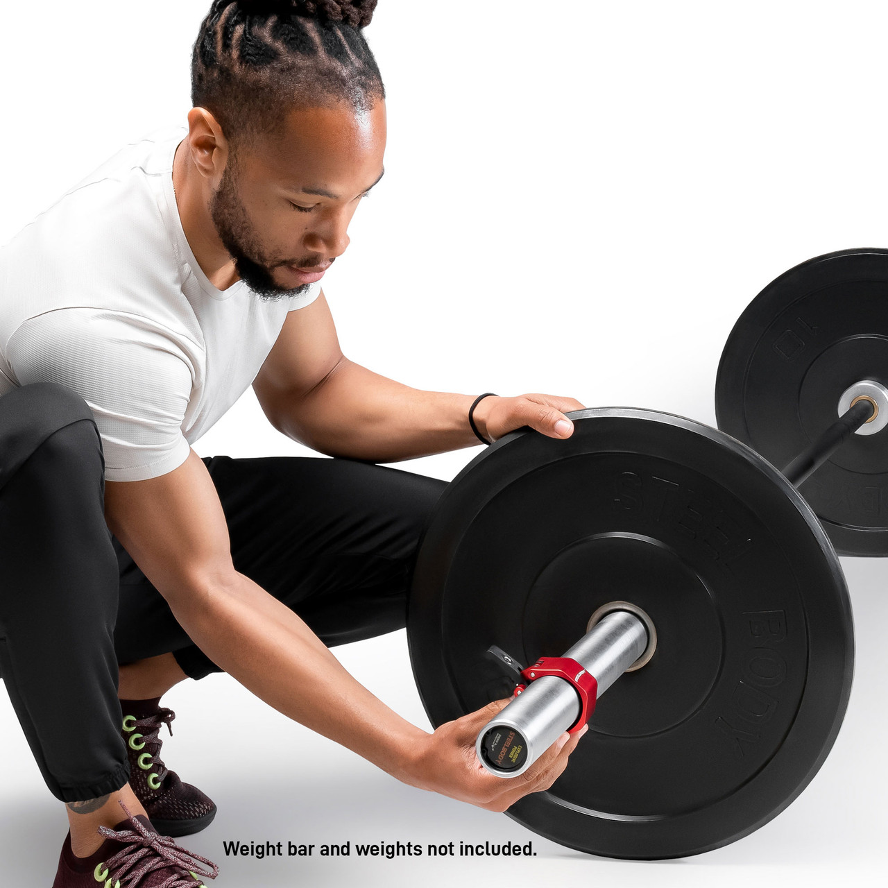 Olympic Barbell Lock Jaw Collar Clips – OBC-6 | SteelBody - Infographic - Adding OBC-6 Lock Jaw Collar to Olympic Bar to secure Olympic Rubber Bumper Plate